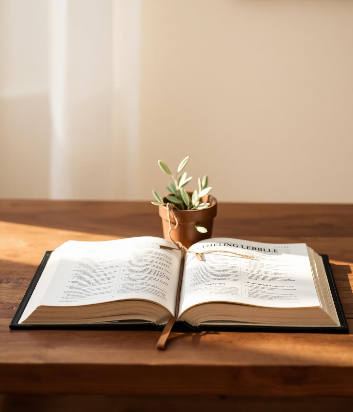 An open Bible on a wooden table with soft morning light