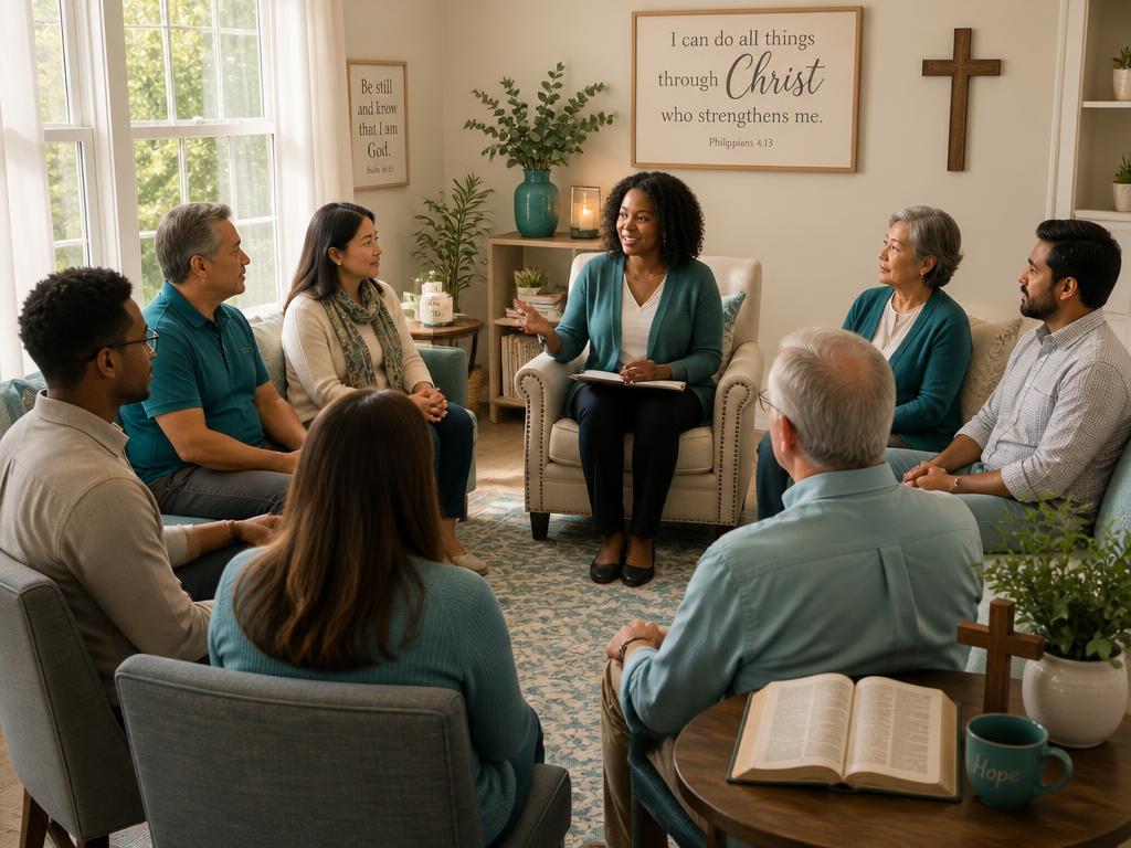 A diverse group of adults in a supportive, Christ-centered counseling session