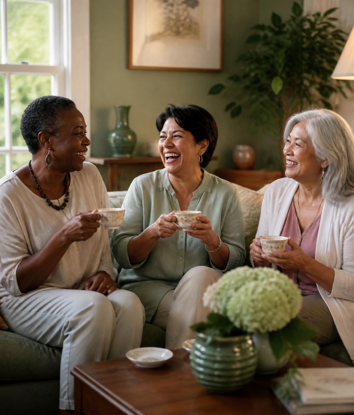 Three multicultural women over 50 sharing tea and conversation in a warm, sunlit room